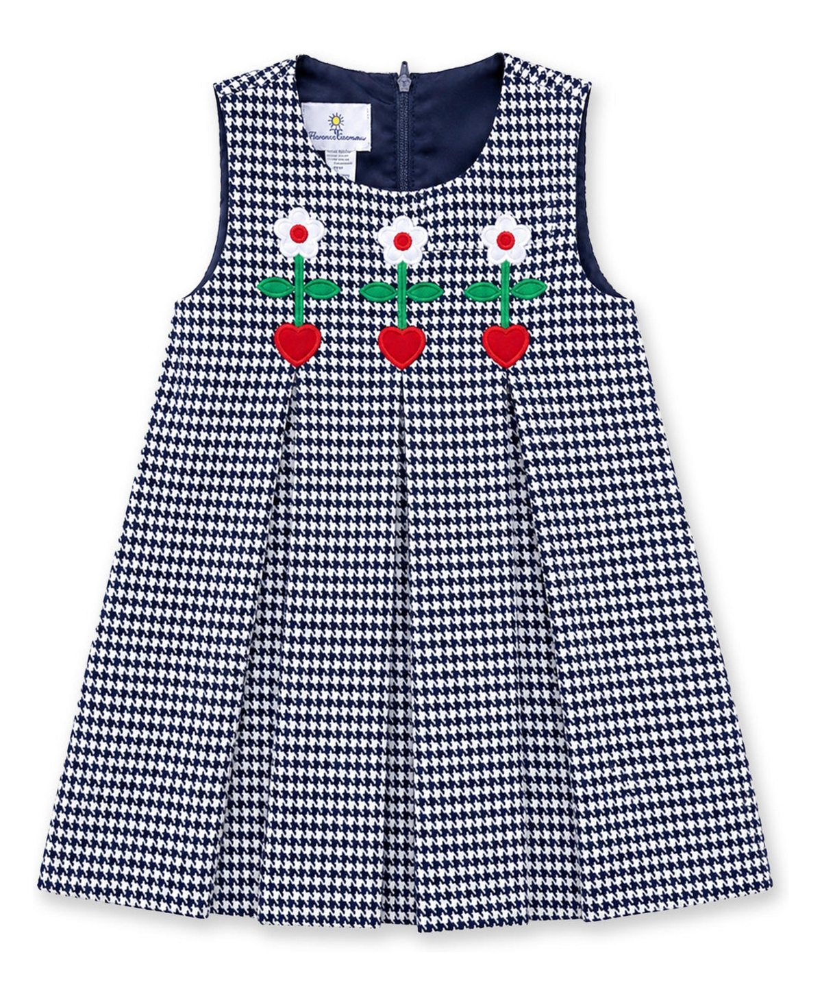 Florence Eiseman Toddler Girls' 2T-5T Houndstooth A-Line Applique Hearts and Flowers Dress - Navy  white houndstooth