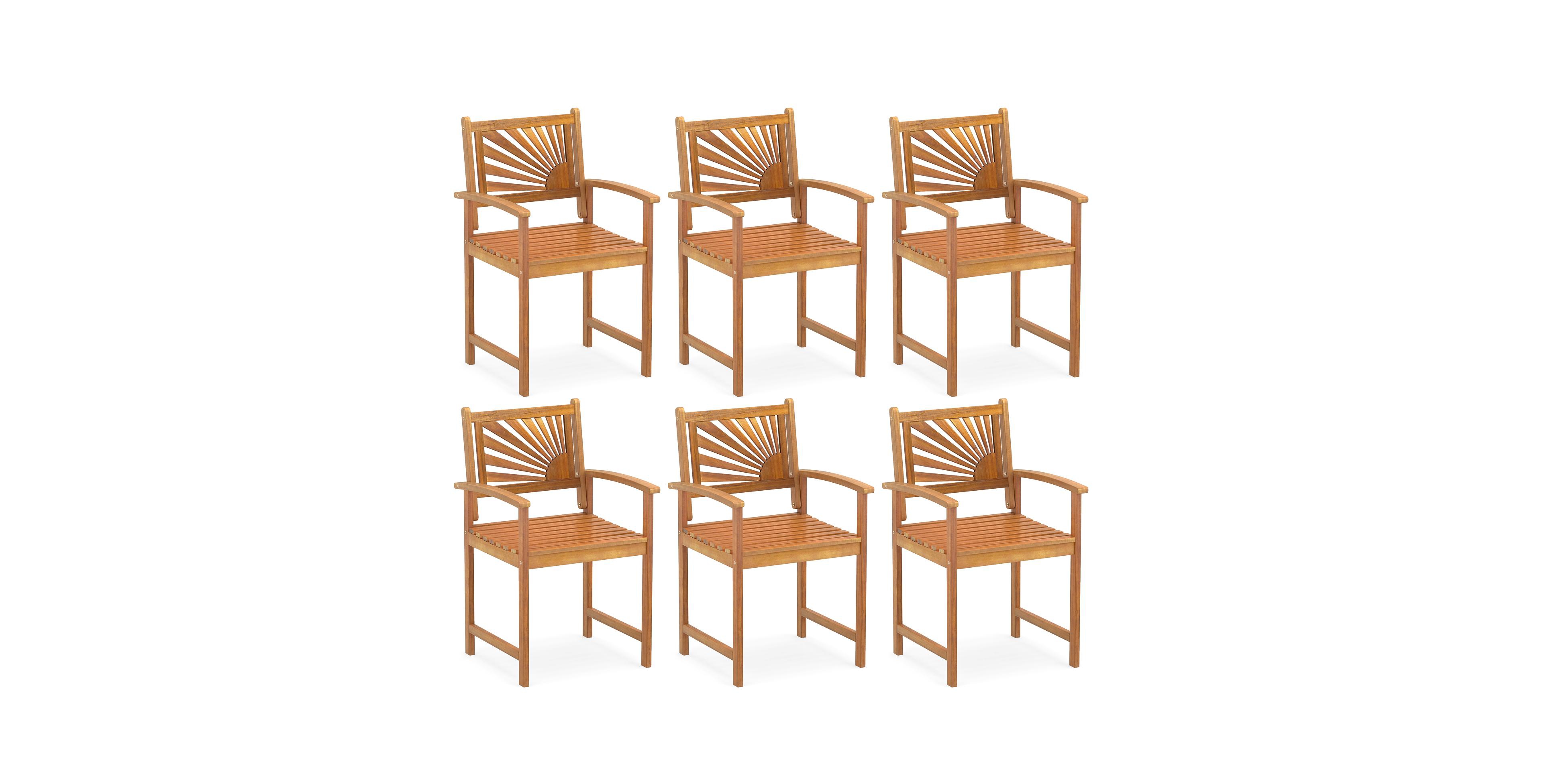 Gymax 6 Pieces Outdoor Acacia Wood Dining Chairs Patio Dining Chairs with Backrests Armrests
