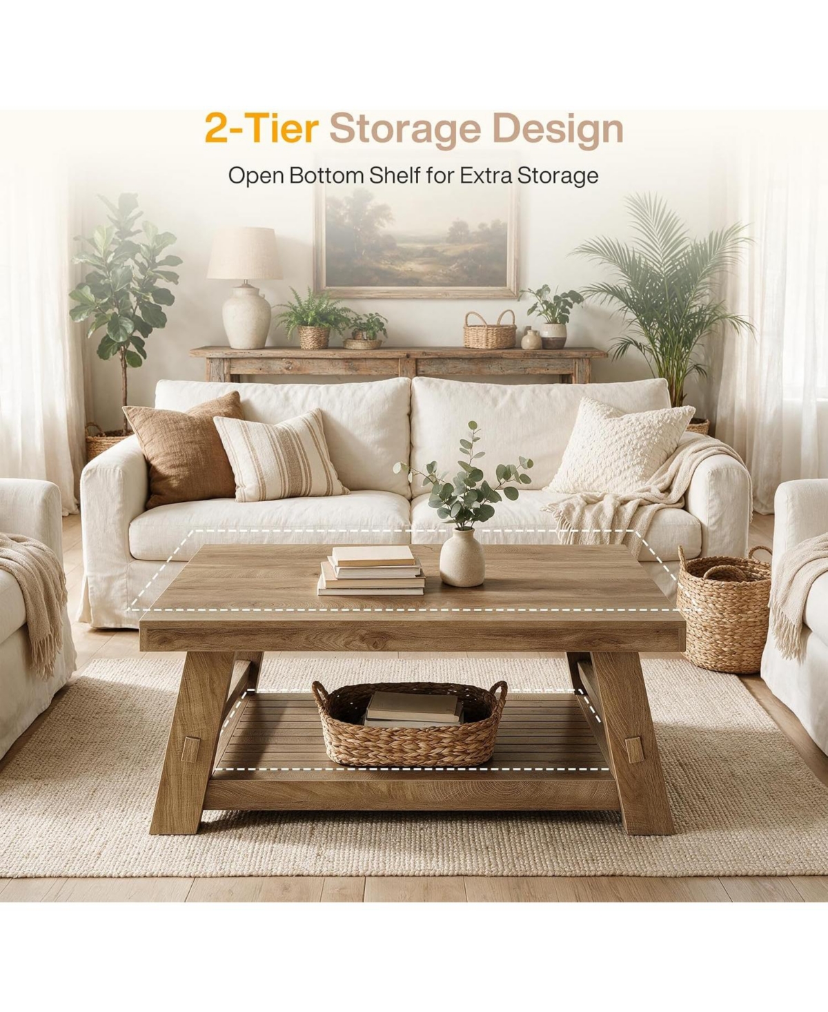 Tribesigns Rectangle Coffee Table, Wooden Low Coffee Tables, Rustic Farmhouse Center Tea Table
