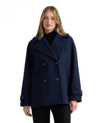 Women's Faux Wool Db Short Coat with Large Notch Collar and Cuff Tab