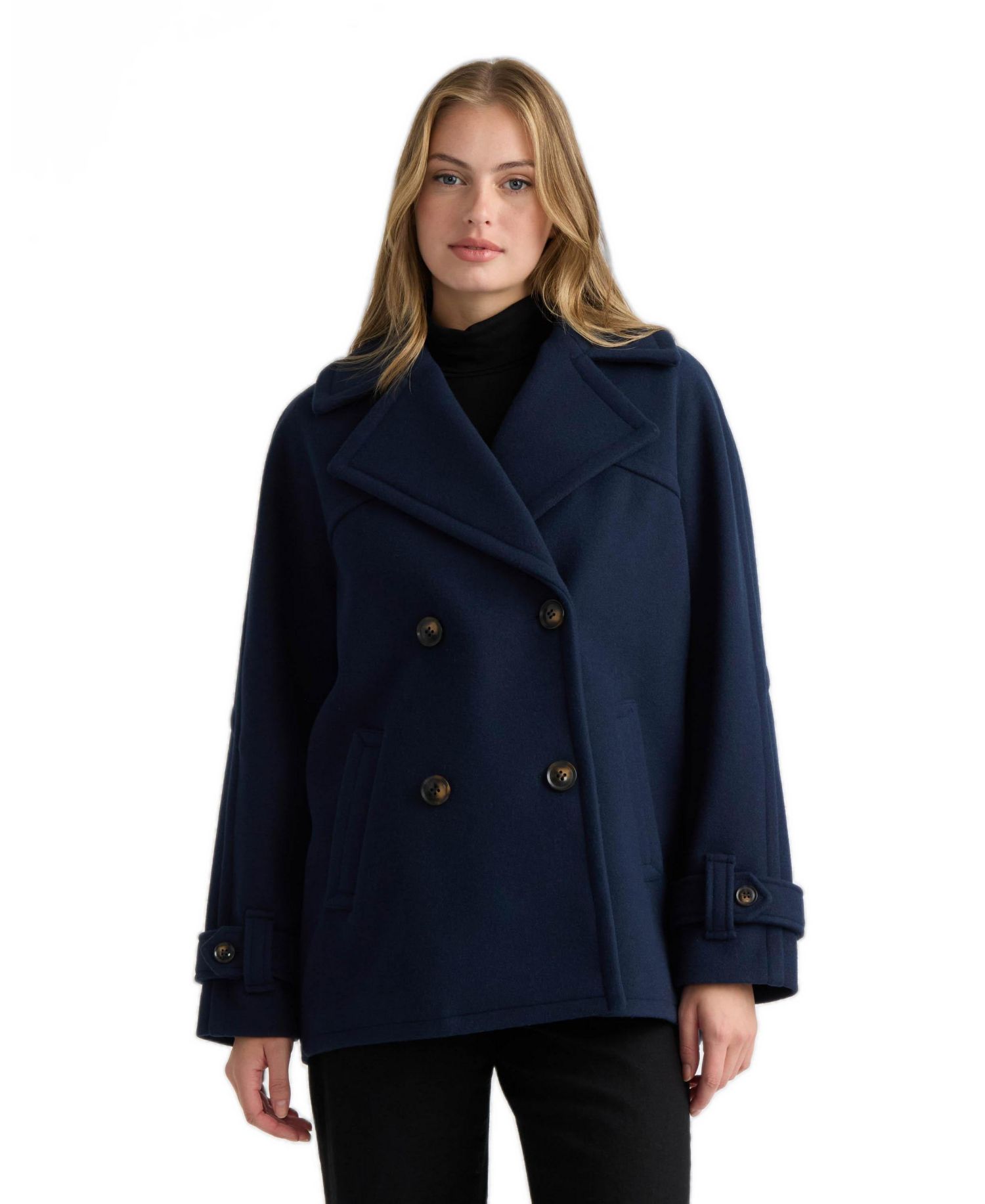 Women's Faux Wool Db Short Coat with Large Notch Collar and Cuff Tab