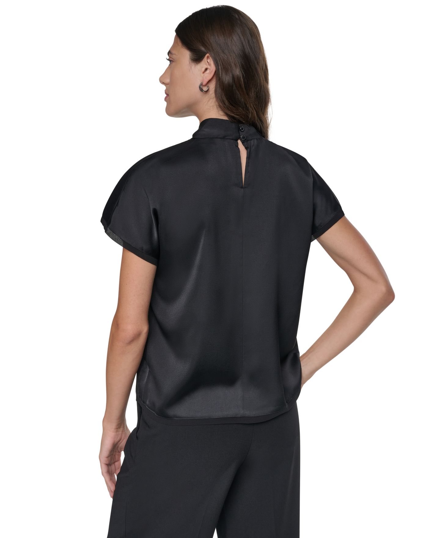 Женская блузка DKNY Short-Sleeve Mock-Neck Satin Blouse, цвет: Чёрный — фото 4