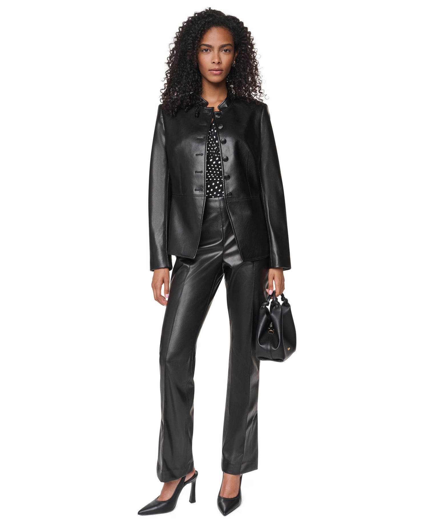 Women's Shoulder-Padded Long-Sleeve Faux Leather Jacket