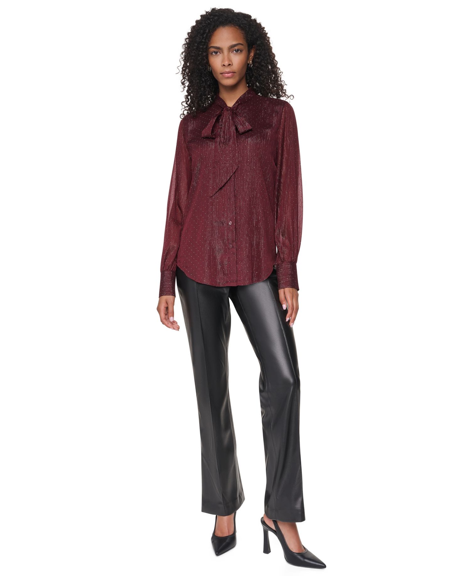 Petite Long-Sleeve Tie-Neck Button-Up Blouse