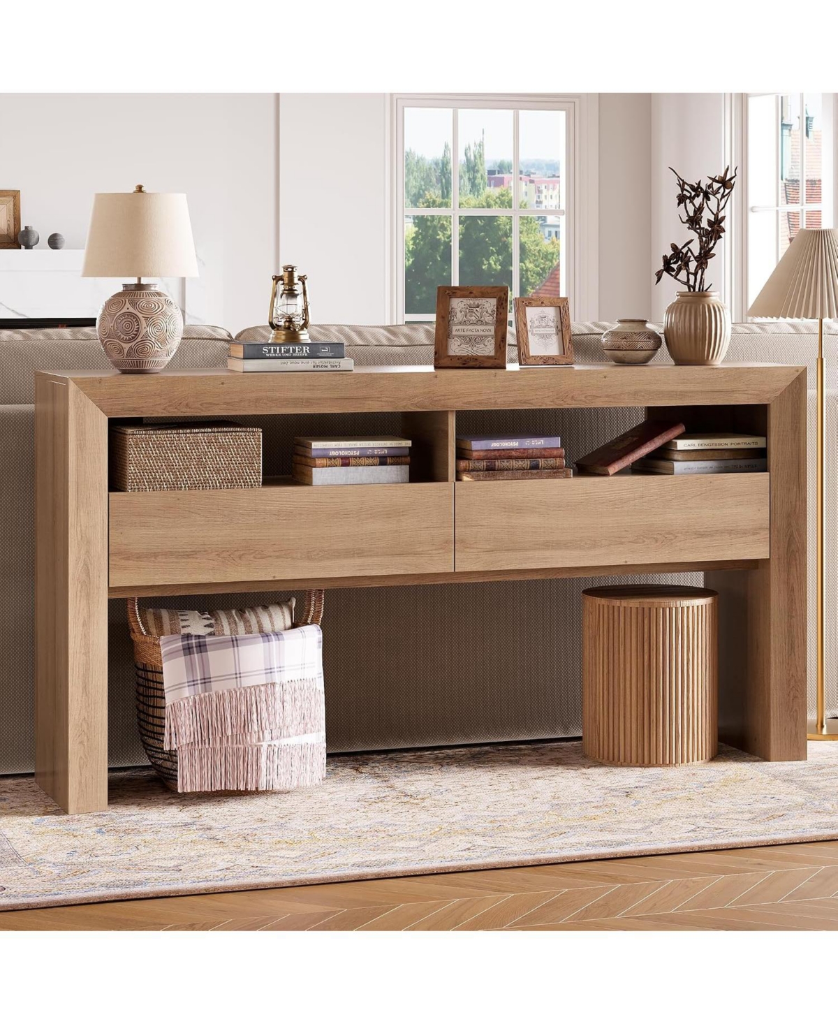 gaomon 63" Console Table with 2 Drawers, Farmhouse Entryway Table with Storage Shelf