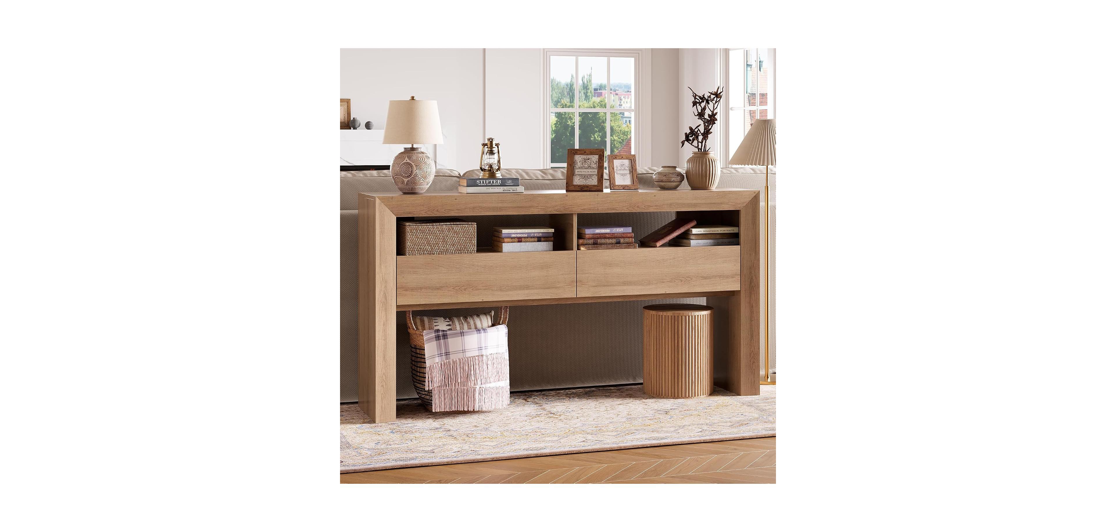 gaomon 63" Console Table with 2 Drawers, Farmhouse Entryway Table with Storage Shelf