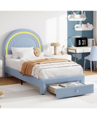 Twin Upholstered LED Bed Frame with Storage Drawer and Rainbow Headboard, Berber Fleece Princess Platform Bed for Kids, Wood Slats Support