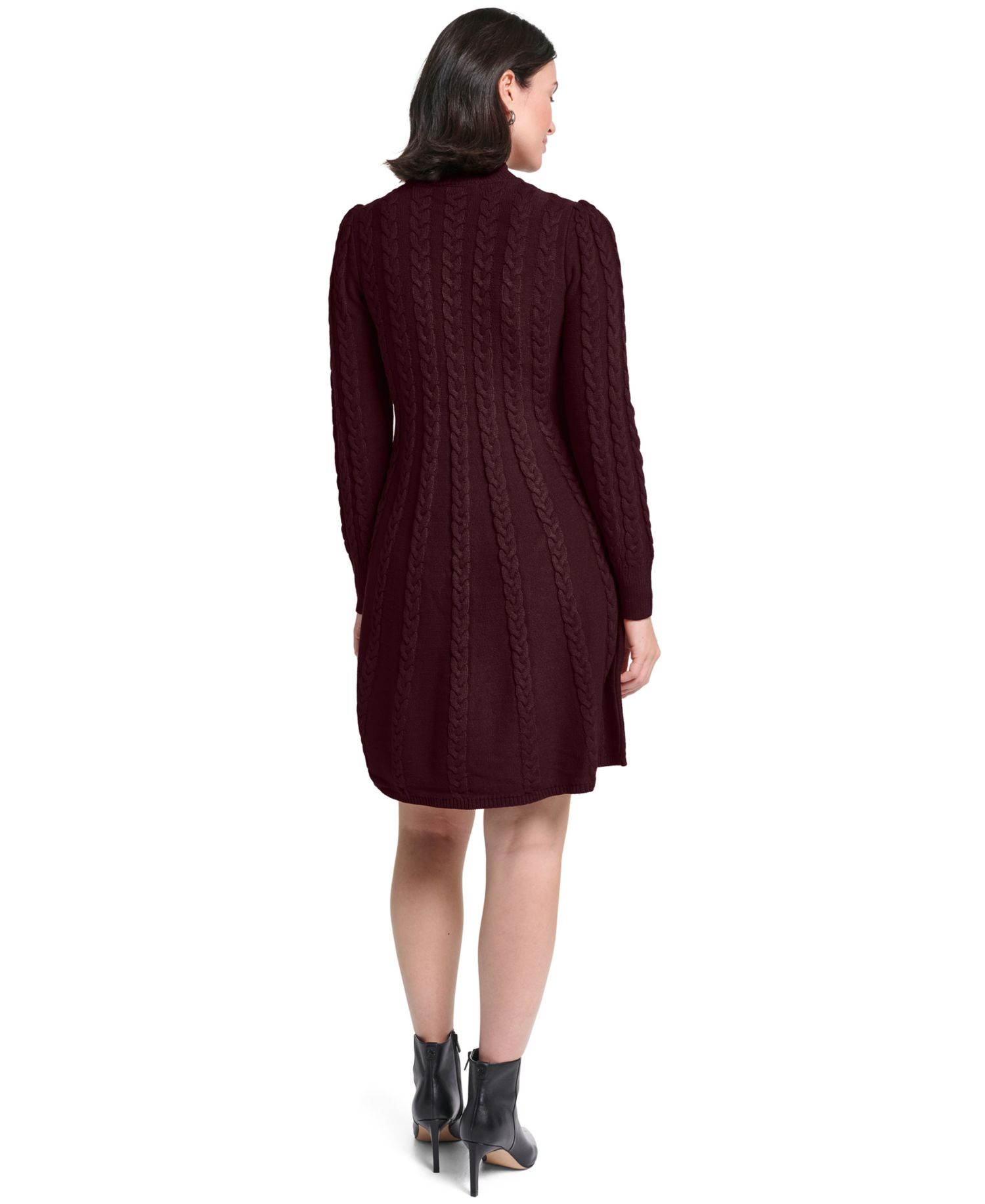 Women's Long-Sleeve Cable Fit & Flare Mock Neck Knee Length Dress