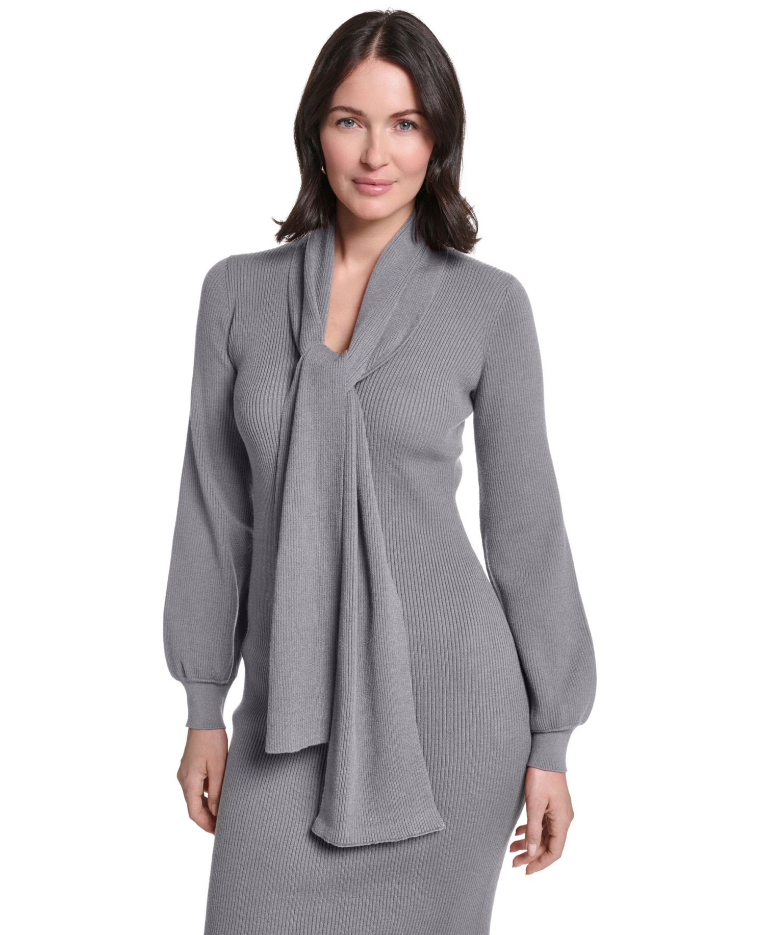 Women's Long-Sleeve Midi Attached Scarf Sweater Dress