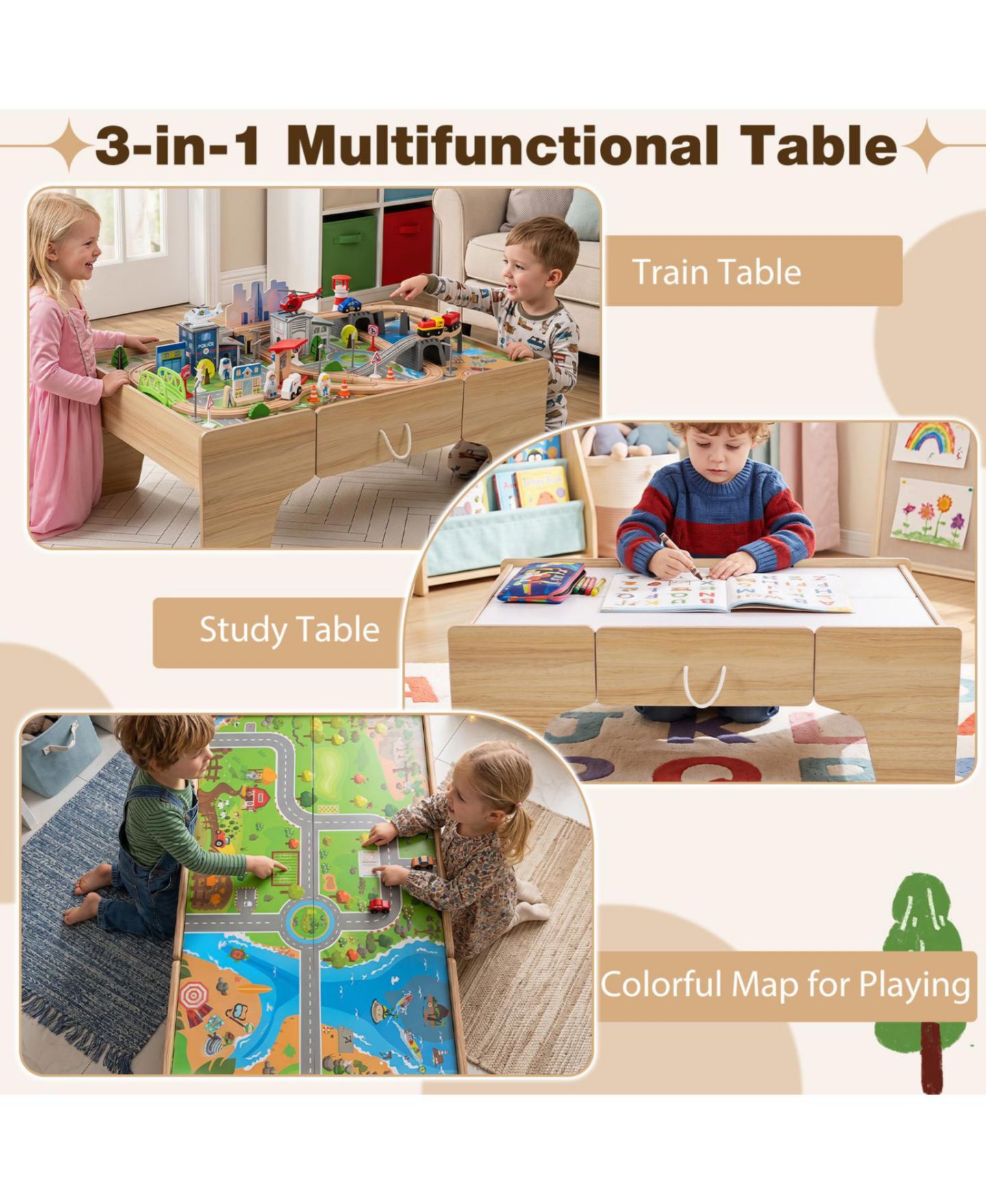 Детские игрушки HONGGE 110-Piece Wooden Train Table With Storage Drawer, цвет: Коричневый — фото 7