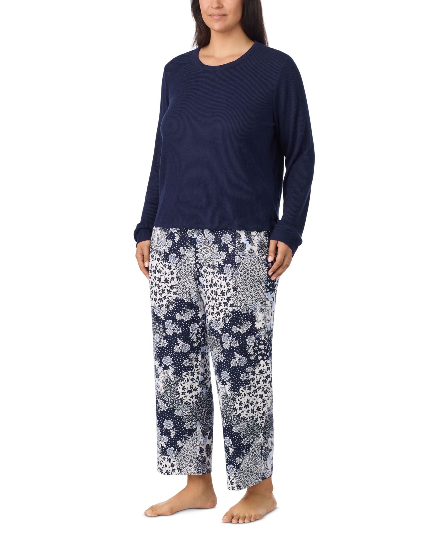 Women's Long-Sleeve Patchwork Floral Pajama Set, 2-Piece