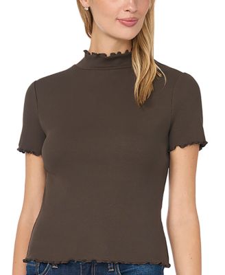 Women's Mock-Neck Short-Sleeve Lettuce-Trim Cotton-Blend T-Shirt