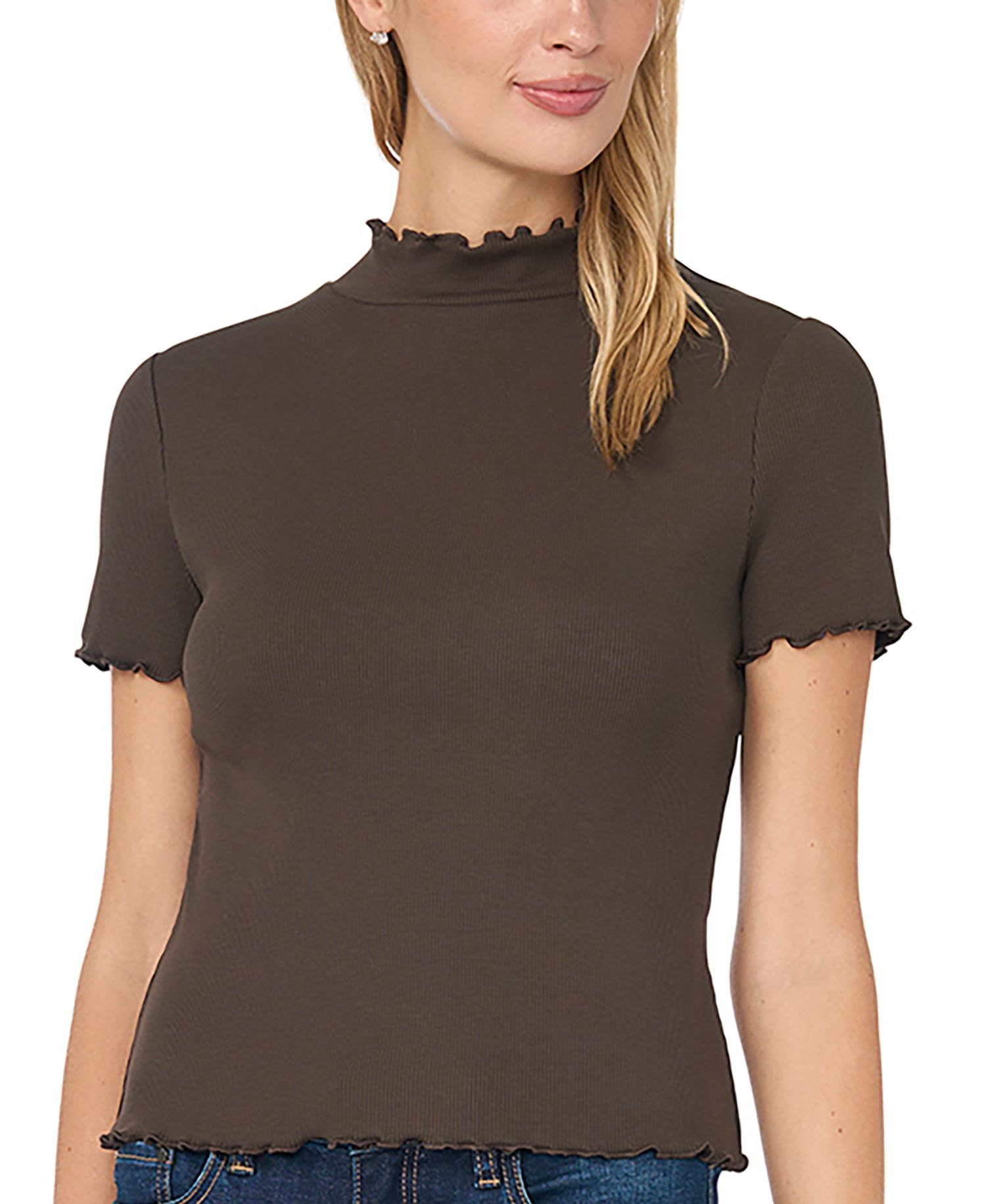 Women's Mock-Neck Short-Sleeve Lettuce-Trim Cotton-Blend T-Shirt
