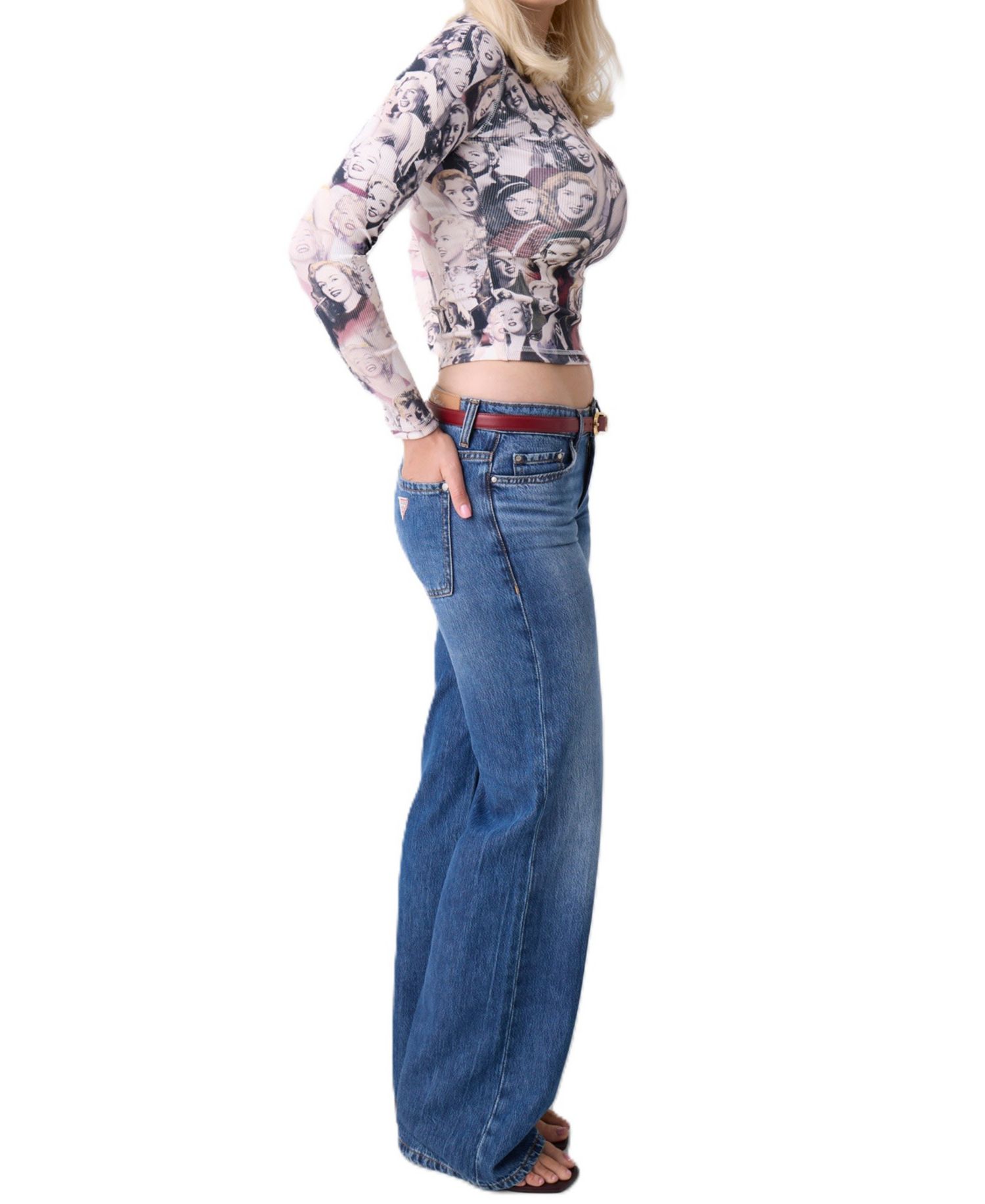 Women's Allover-Marilyn-Print Long-Sleeve Crop T-Shirt