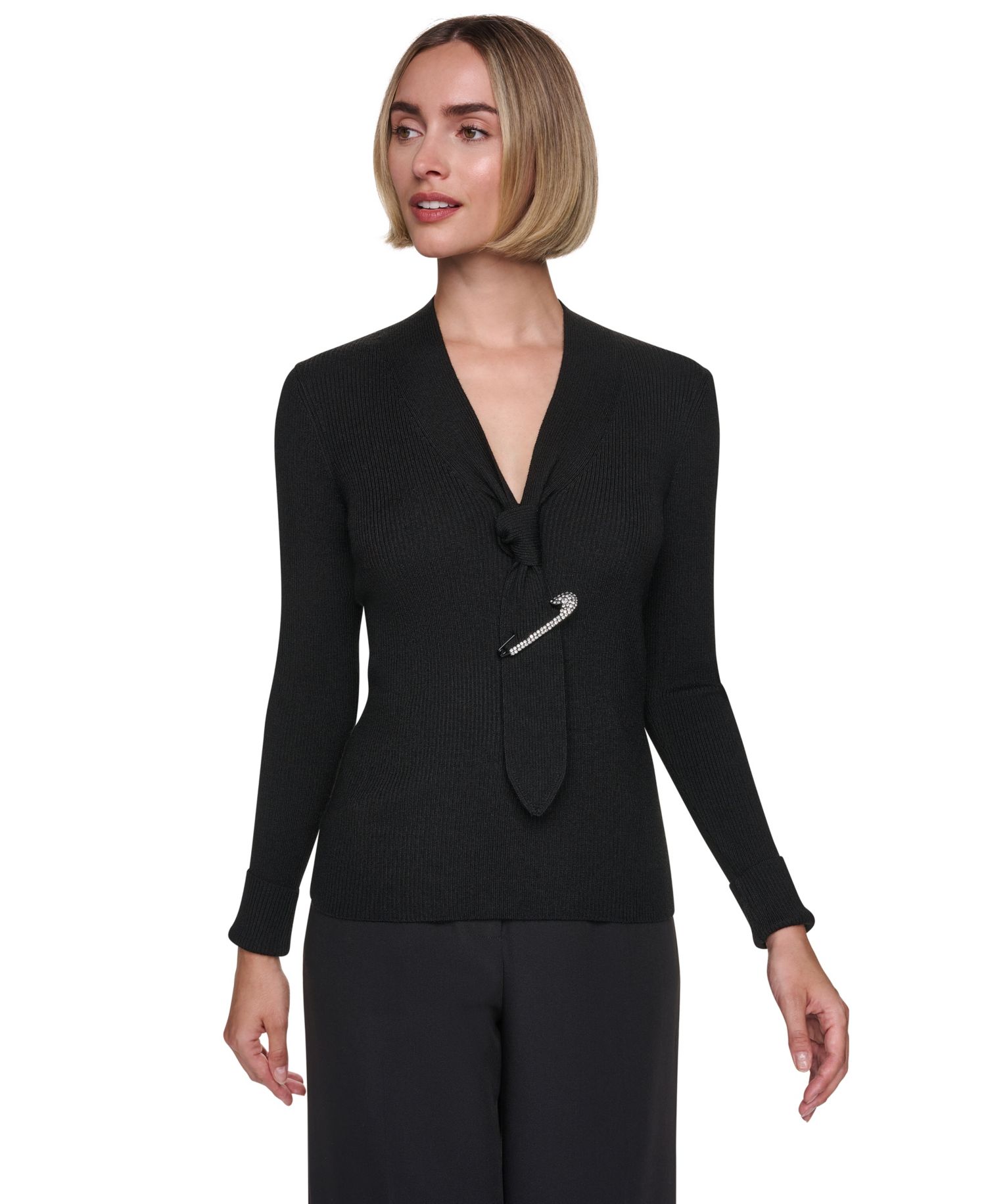 Women's V-Neck Tie-Front Long-Sleeve Sweater