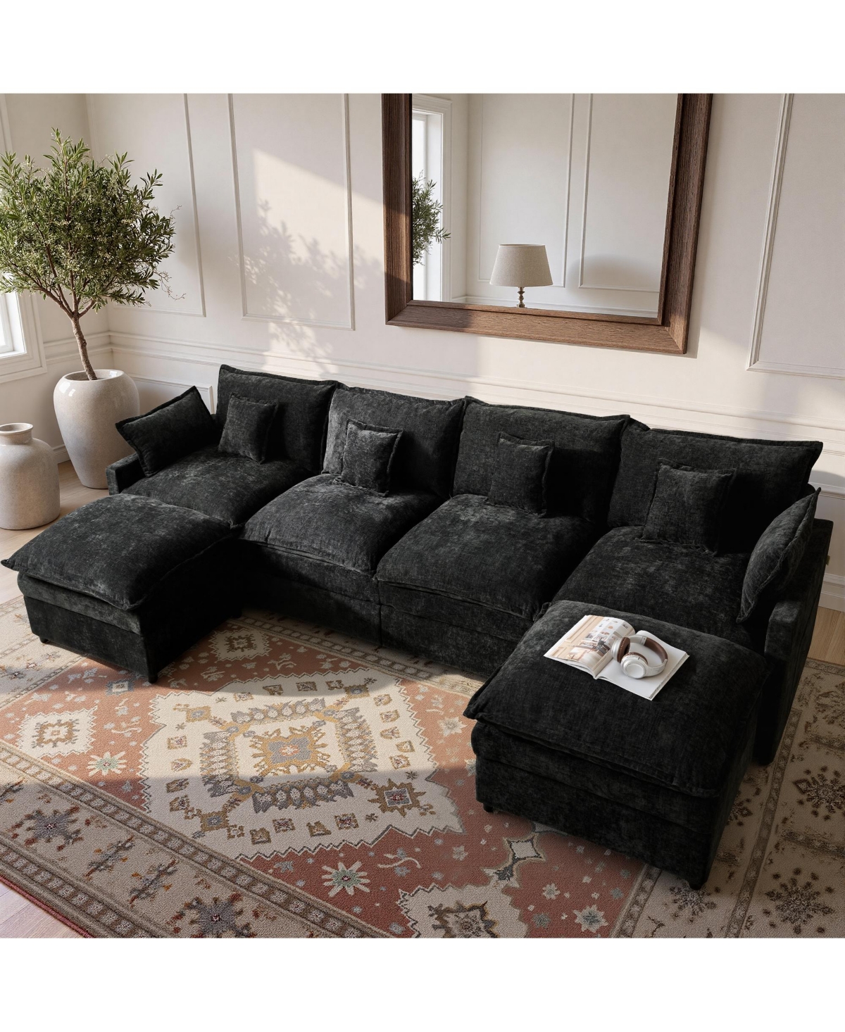 Xizzi 143" U-Shaped Modular Sectional Sofa with 2 Ottoman, Comfy Chenille Cloud Couch Deep Seat Bed 6 Pillows for Living Room, 6-Seater