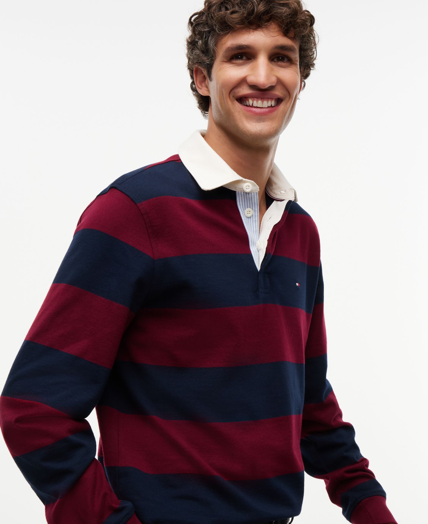 Мужское поло Tommy Hilfiger Essential Stripe Rugby Long-Sleeve Polo Shirt, цвет: Бордовый / Карбоновый тёмно-синий — фото 3