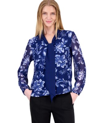 Petite Floral Tie-Neck Long-Sleeve Blouse