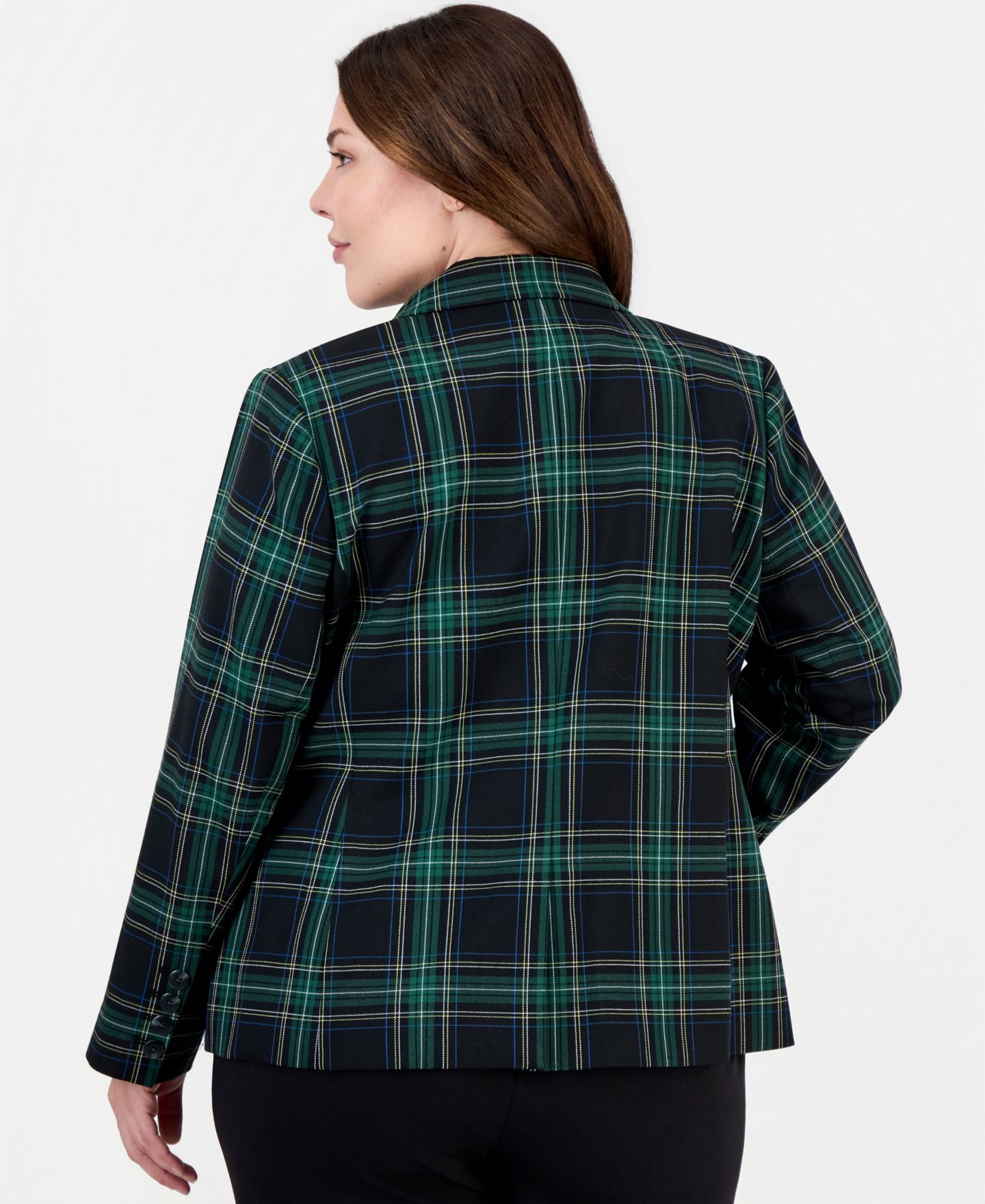 Женский пиджак Tahari Plus Size Plaid Long-Sleeve One-Button Blazer, цвет: Чёрный зимний сосновый — фото 4