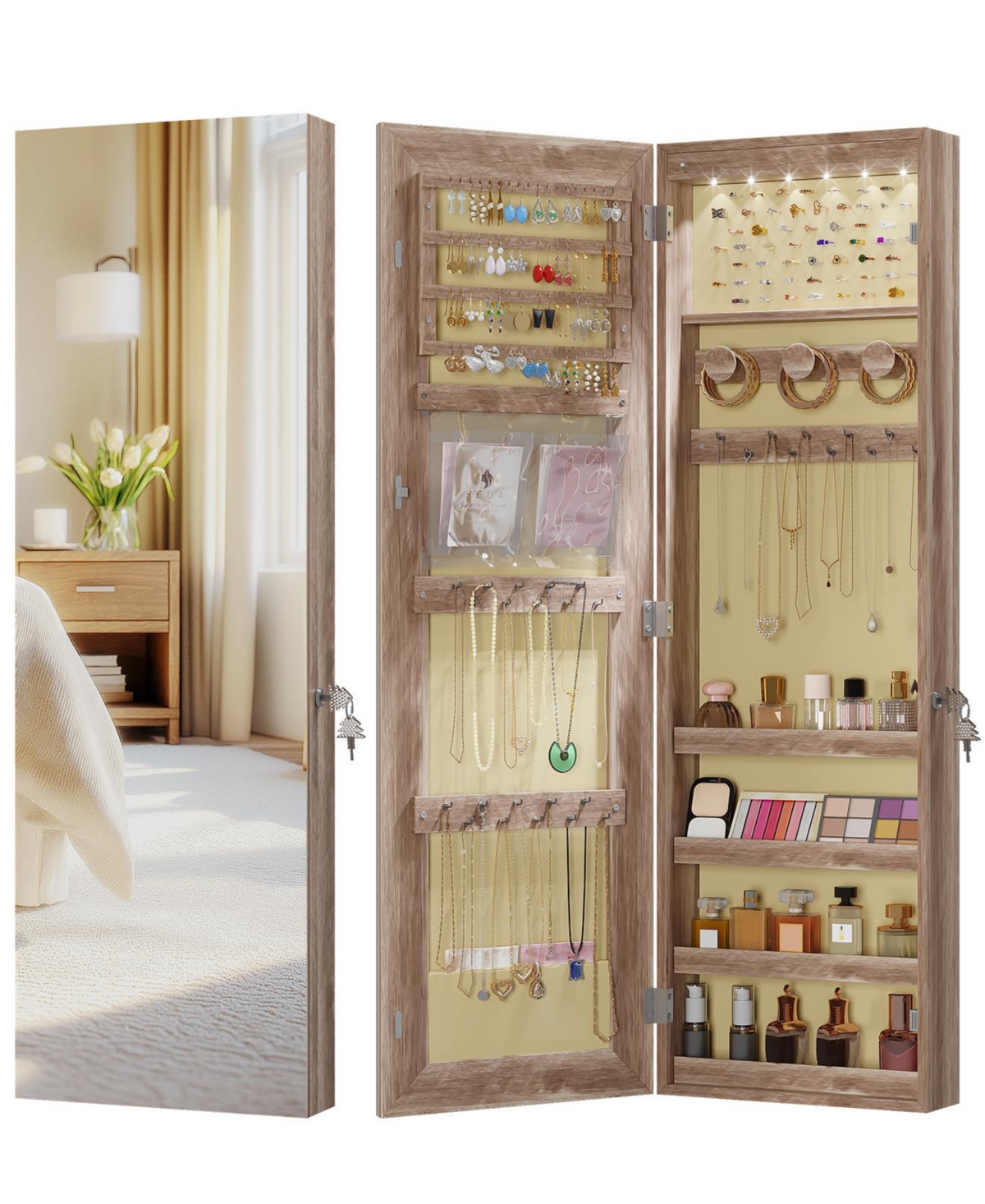 Vlsrka 42.5" Wall-Mounted Jewelry Armoire with Led Light and Mirror
