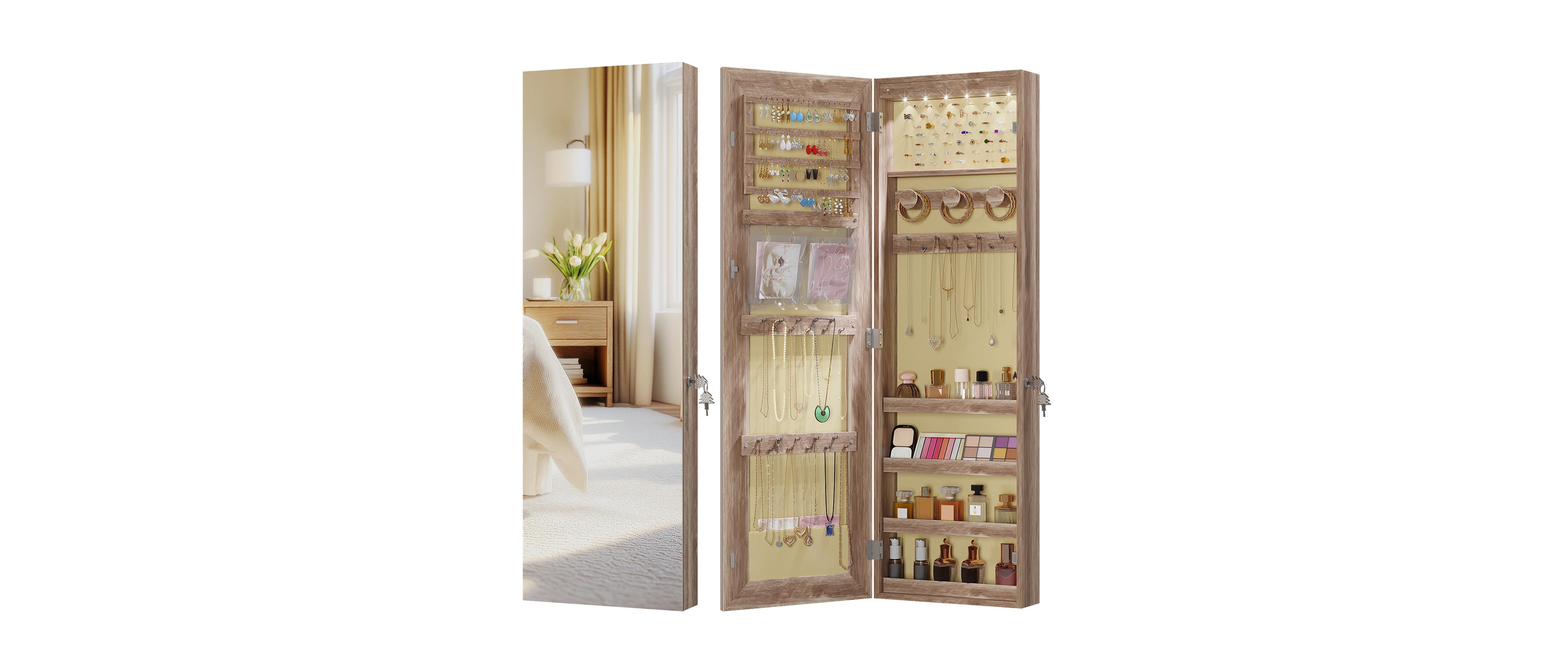 Vlsrka 42.5" Wall-Mounted Jewelry Armoire with Led Light and Mirror