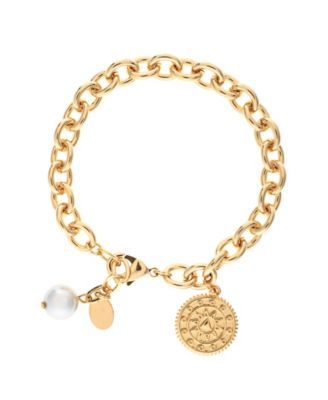 18K Gold Plated Charm Rolo Bracelet with Pearl and Medallion Disc Detail