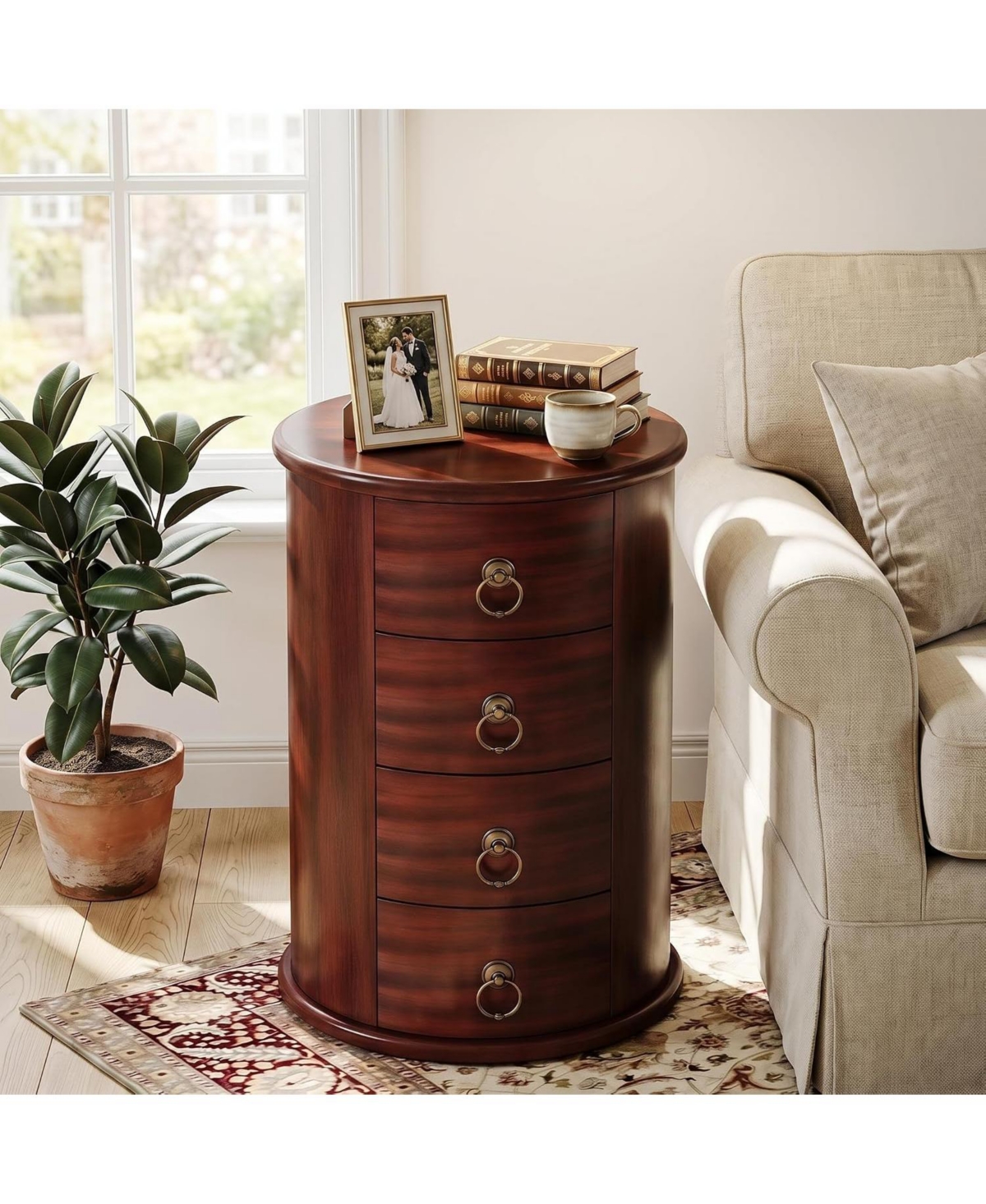 Tribesigns Round End Table with 4 Drawers