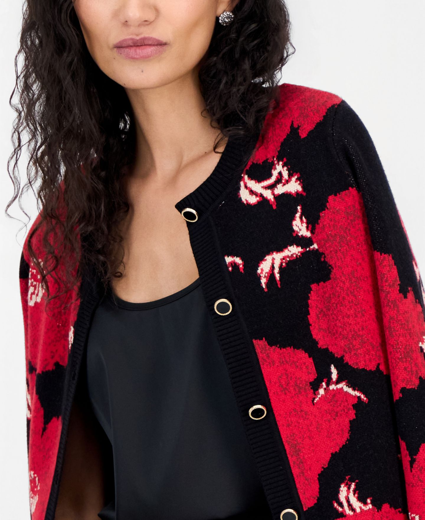 Женский кардиган T Tahari Long-Sleeve Floral-Print Jacquard, цвет: Красный бриллиантовый с принтом — фото 2