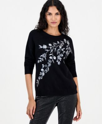 Women's Floral-Sequin and Bead Dropped-Shoulder Sweater
