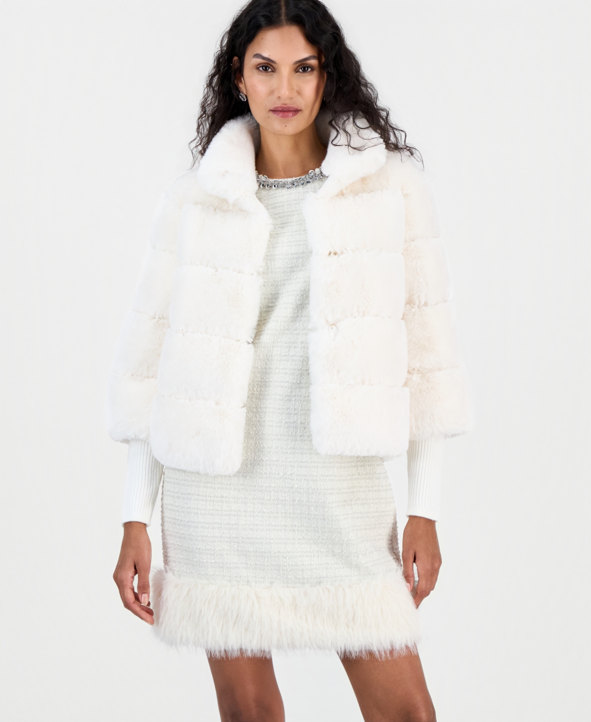 T Tahari Women's Long-Sleeve Mock Neck Faux Fur Jacket - Soft Ivory