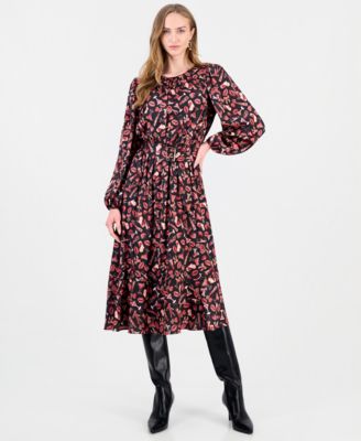 Women's Crew Neck Long Sleeve A-Line Midi Dress