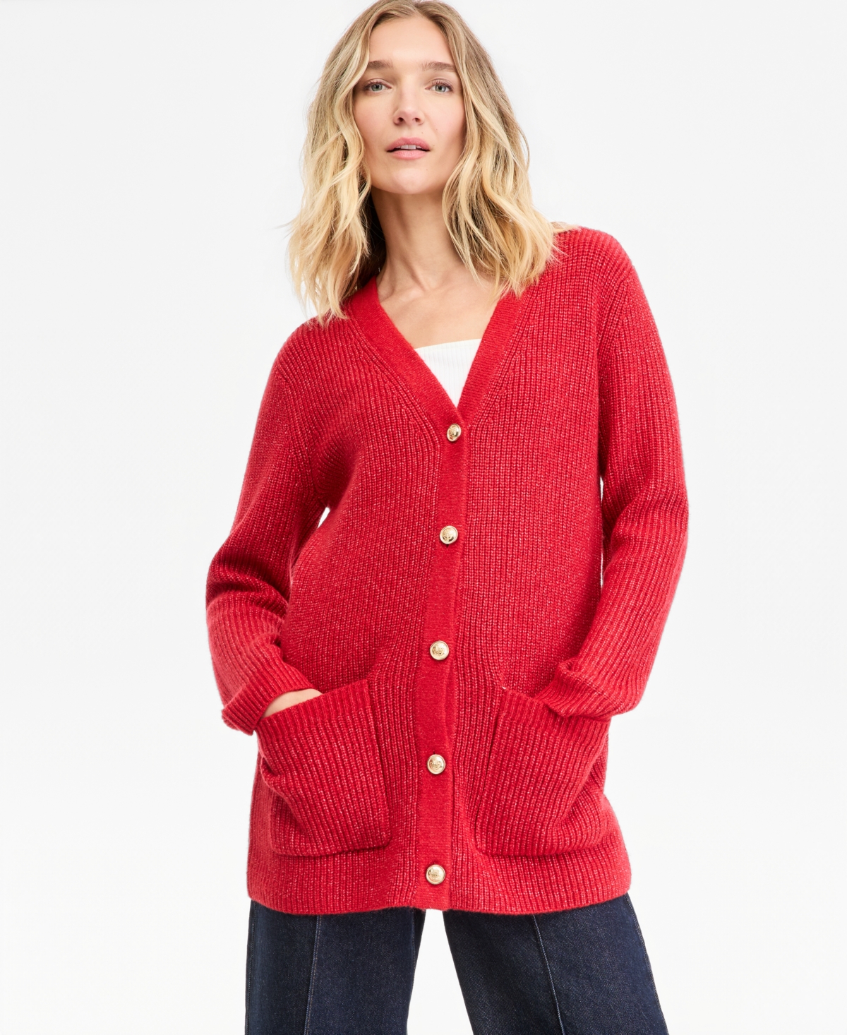 I.n.c. International Concepts Women's Metallic Ribbed-Knit Long-Sleeve Cardigan, Macy's Exclusive - Real Red