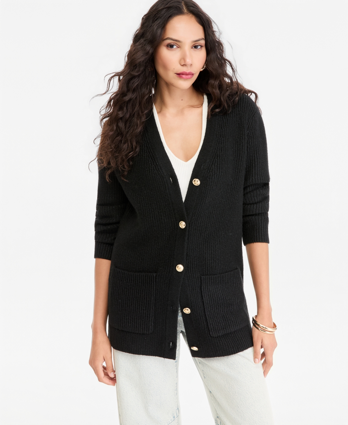 I.n.c. International Concepts Women's Metallic Ribbed-Knit Long-Sleeve Cardigan, Macy's Exclusive - Deep Black
