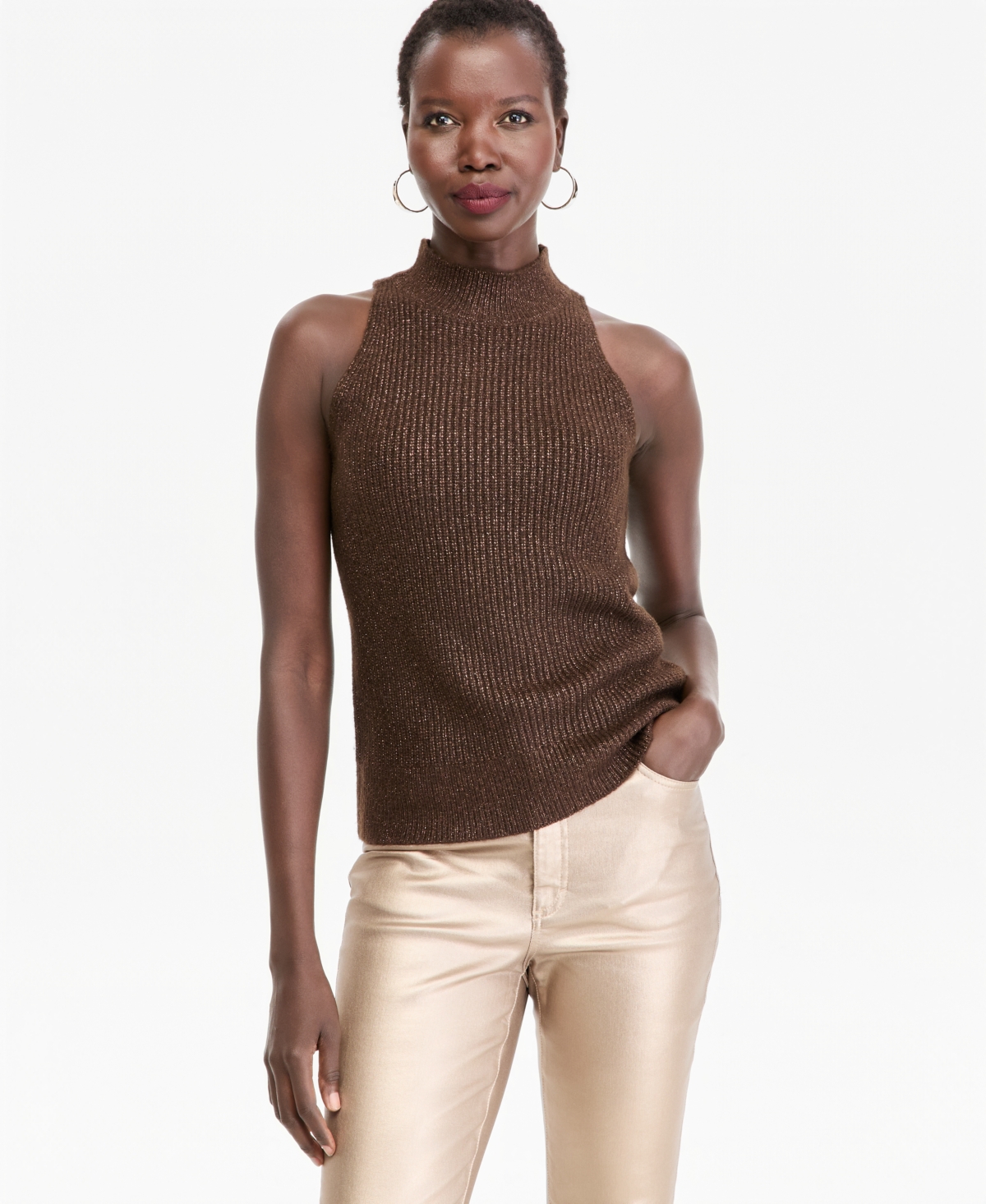 I.n.c. International Concepts Women's Sleeveless Mockneck Halter Metallic Knit Sweater, Macy's Exclusive