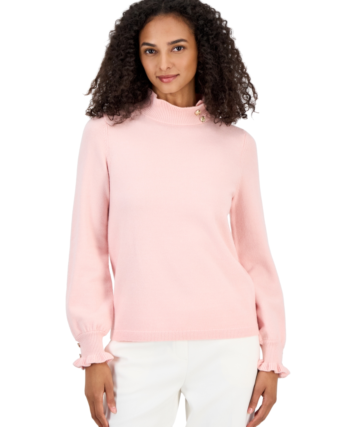 Anne Klein Women's Ruffle Mock Neck Long-Sleeve Fitted Sweater - Pink Blush Heather