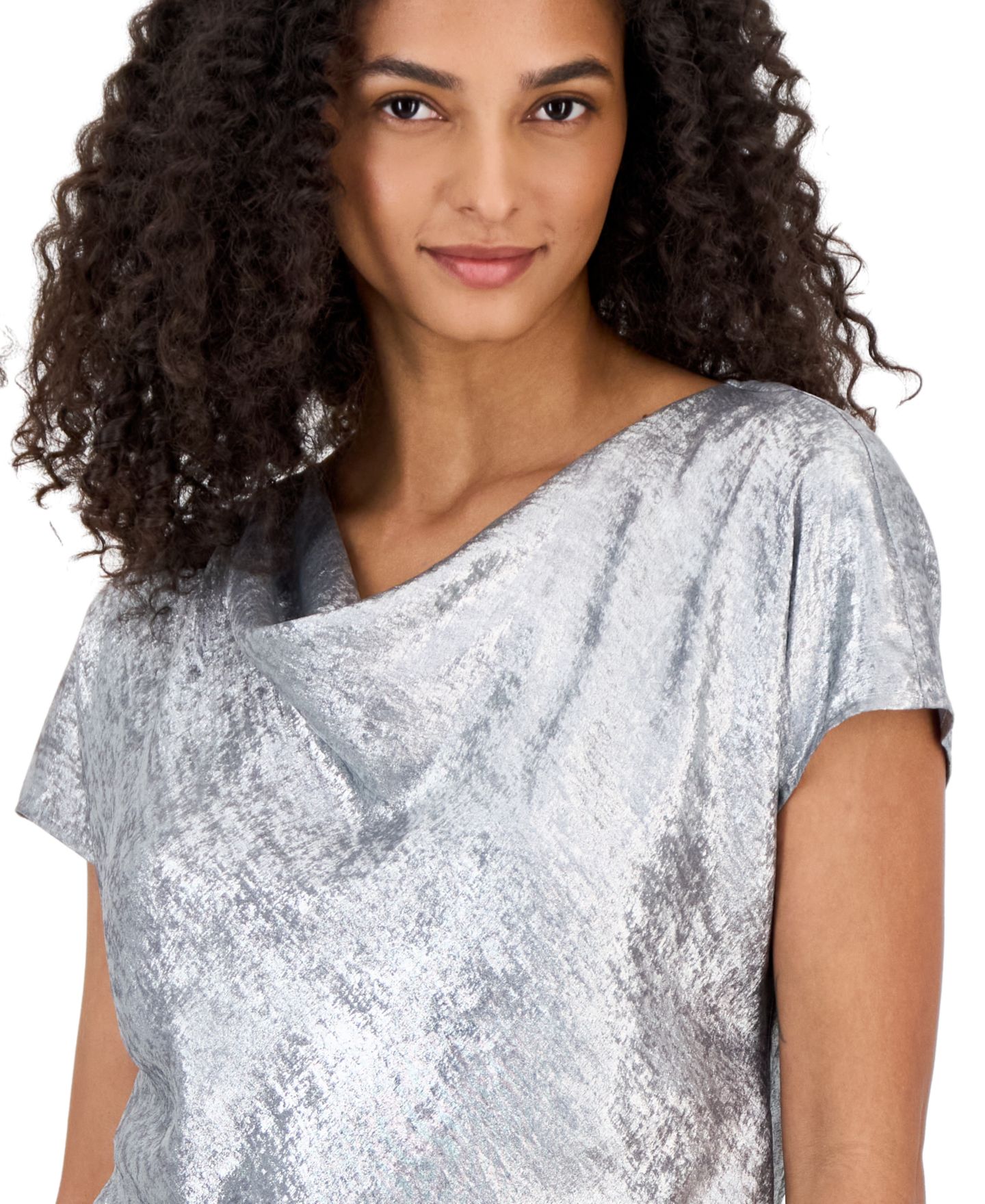 Женская блузка Anne Klein Cowl Neck Short-Sleeve Metallic, цвет: Серебряный — фото 4