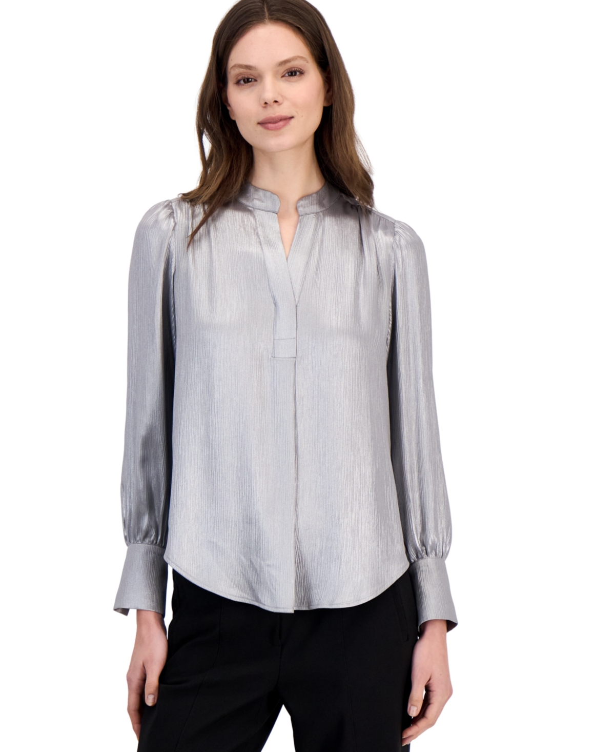 Anne Klein Women's Metallic V-Neck Long-Sleeve Pleat Blouse - Silver