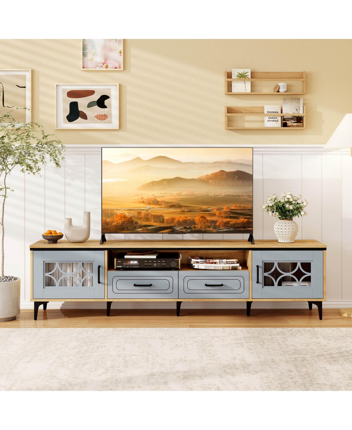 Costway 71" Tv Stand for TVs up to 80" with Open Compartment Side Cabinets & Drawers