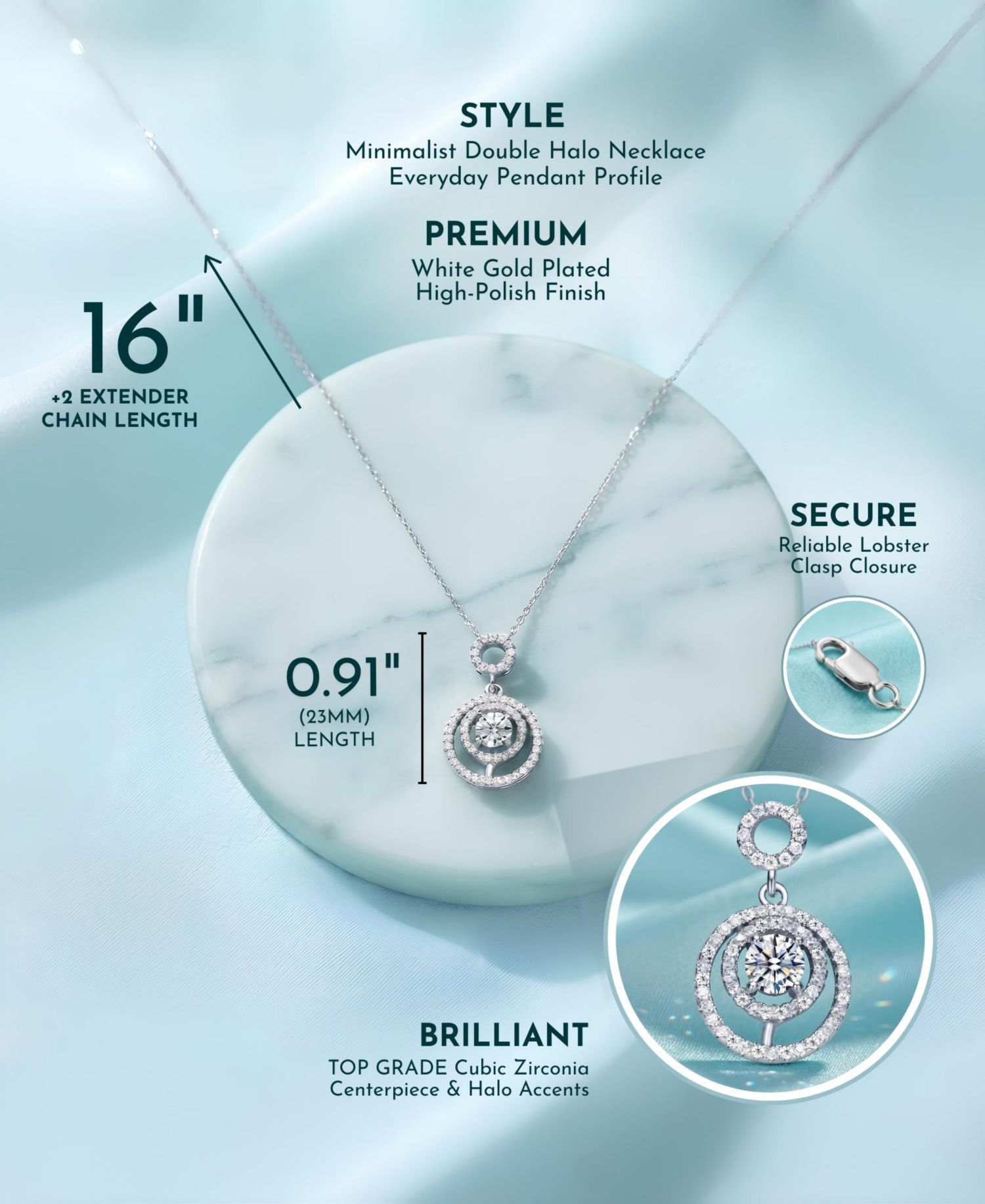 White Gold Plated CZ Double Halo Drop Pendant Necklace