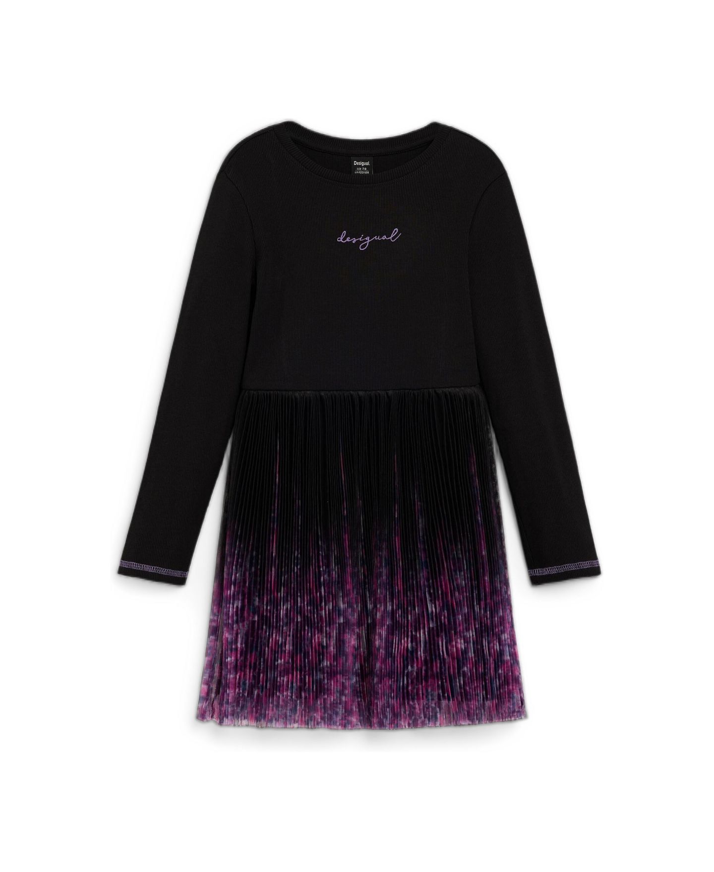 Платье Desigual Long-Sleeve Fit & Flare Floral-Print Cotton-Blend Dress для девочек, цвет: Чёрный — фото 1