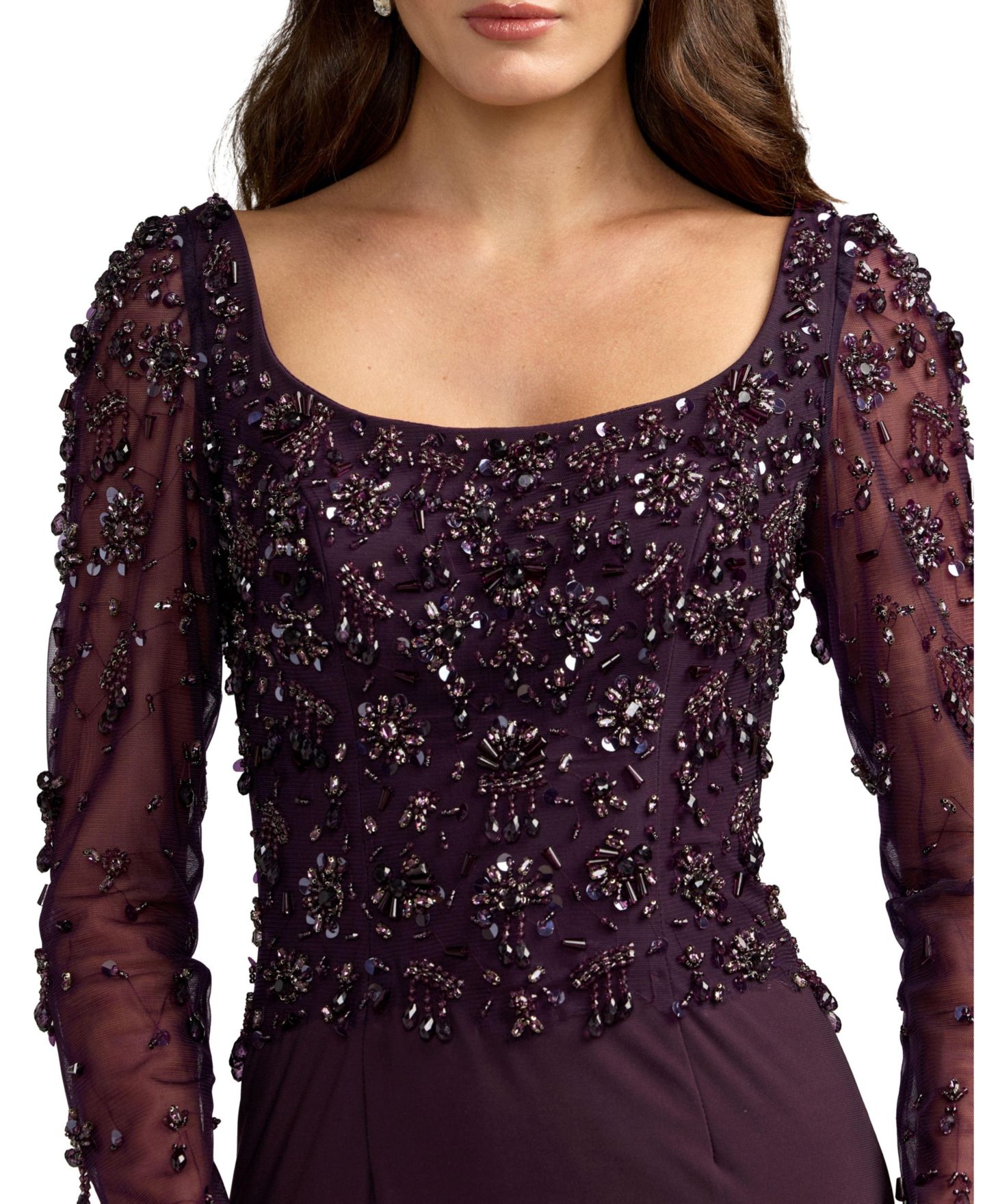 Женское платье Mac Duggal Embellished Mesh Long-Sleeve Scoop Neck Gown, цвет: Аметистовый — фото 3