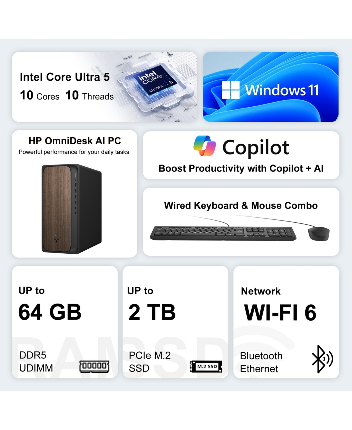 Hp OmniDesk Ai Tower Desktop, Ultra 5 225, Intel Graphics, 16GB DDR5, 512GB Ssd, Wired Keyboard and Mouse, Wi-Fi 6, Win11 Home, Black