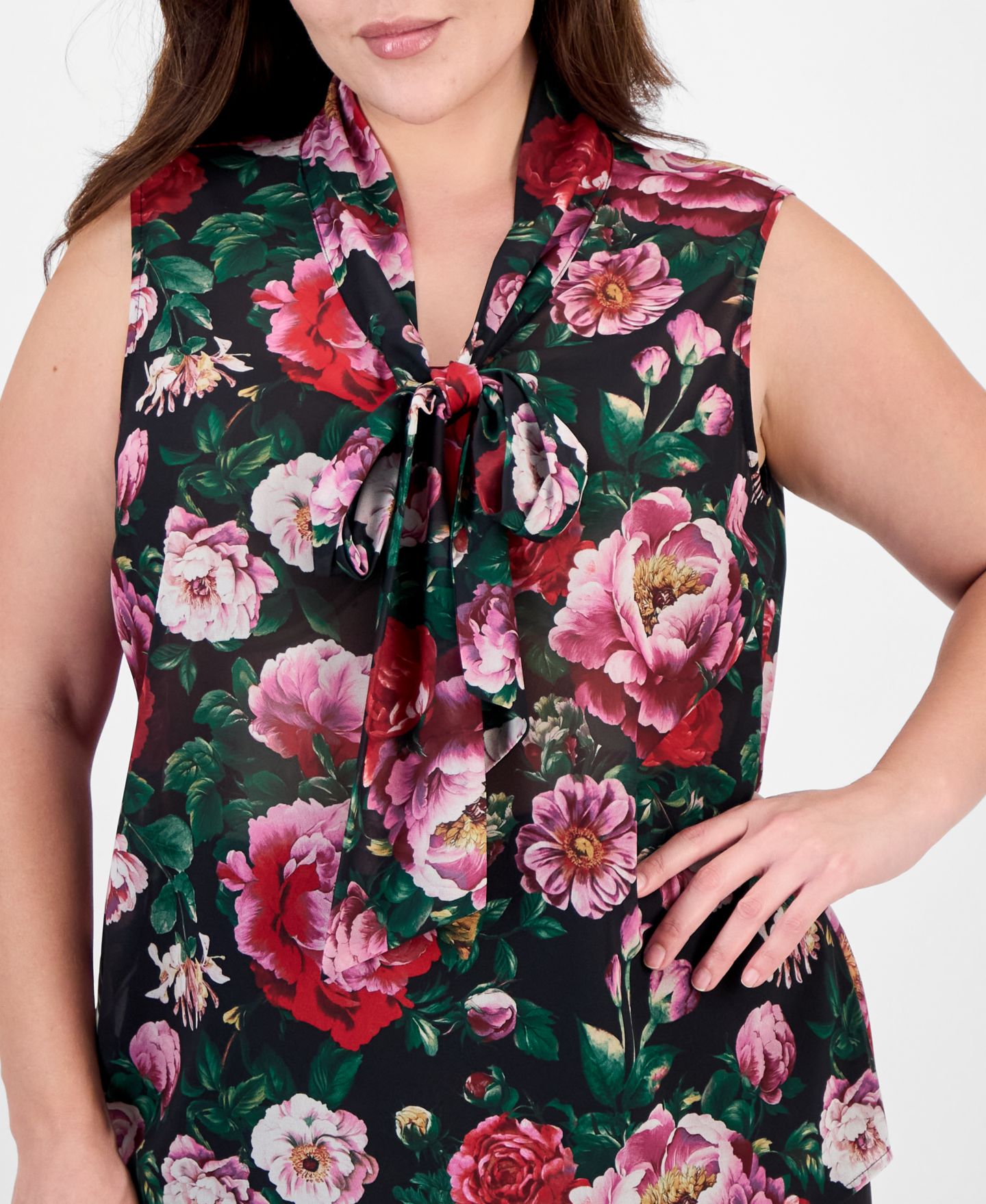 Женская блузка Tahari Plus Size Tie Front Floral-Print Sleeveless, цвет: Чёрный разноцветный — фото 3
