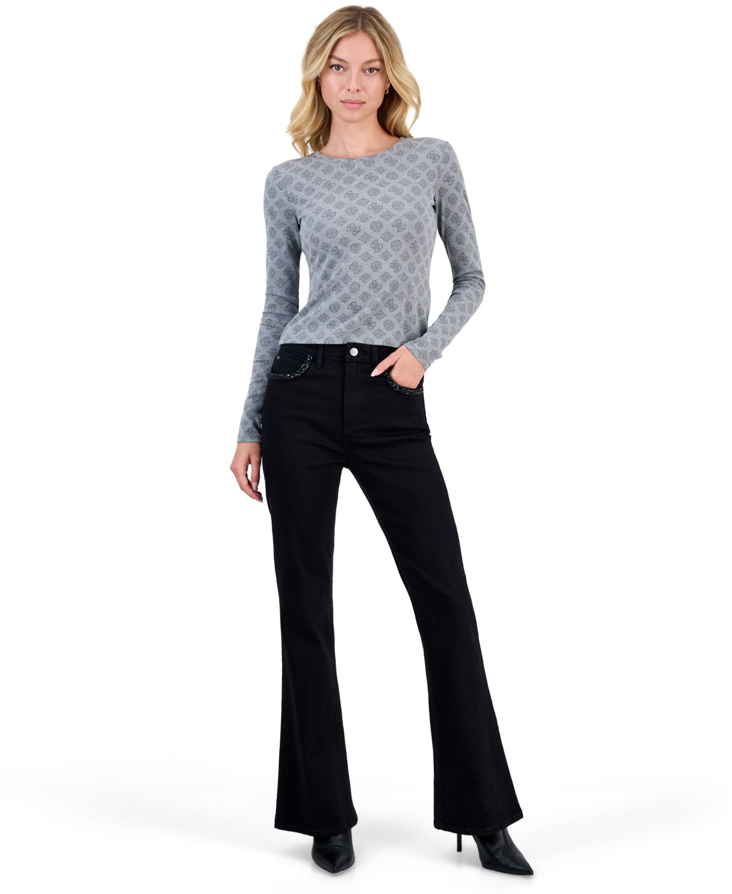 Женская футболка GUESS Fausta Allover Jacquard Logo Long-Sleeve Crewneck, цвет: Пионовый серый — фото 2