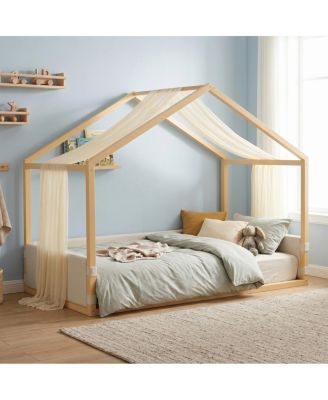 Twin Size Velvet Canopy Bed with Gauze Canopy and Platform Frame