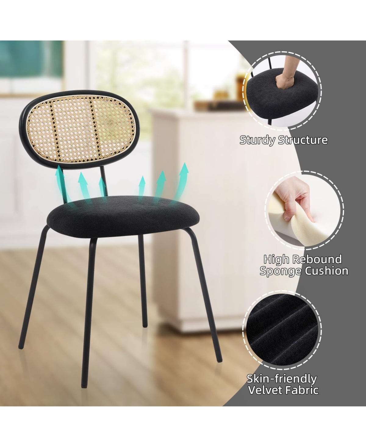 homfan Dining Chairs Set of 2, Mid-Century Modern Velvet Upholstered Chairs with Rattan Backrest and Metal Legs, for Kitchen, Living Room, Reception