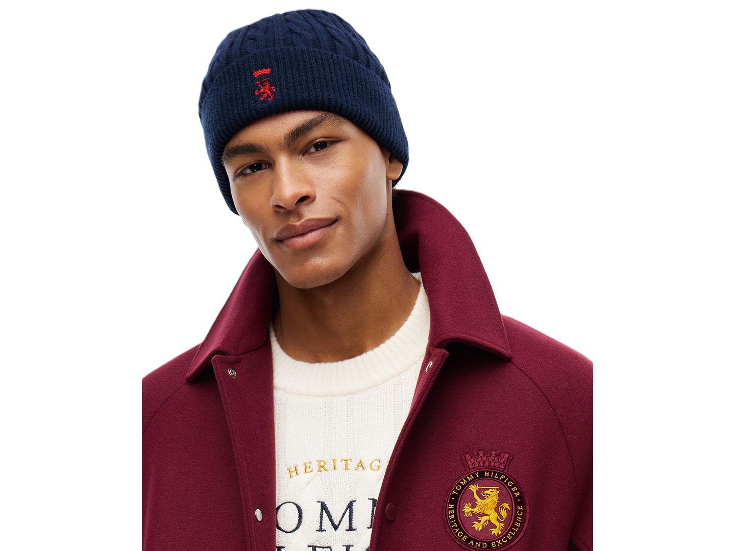 Мужская шапка Tommy Hilfiger American Icons Wool Cable-Knit Ribbed-Cuff Beanie, цвет: Тёмный синий — фото 1