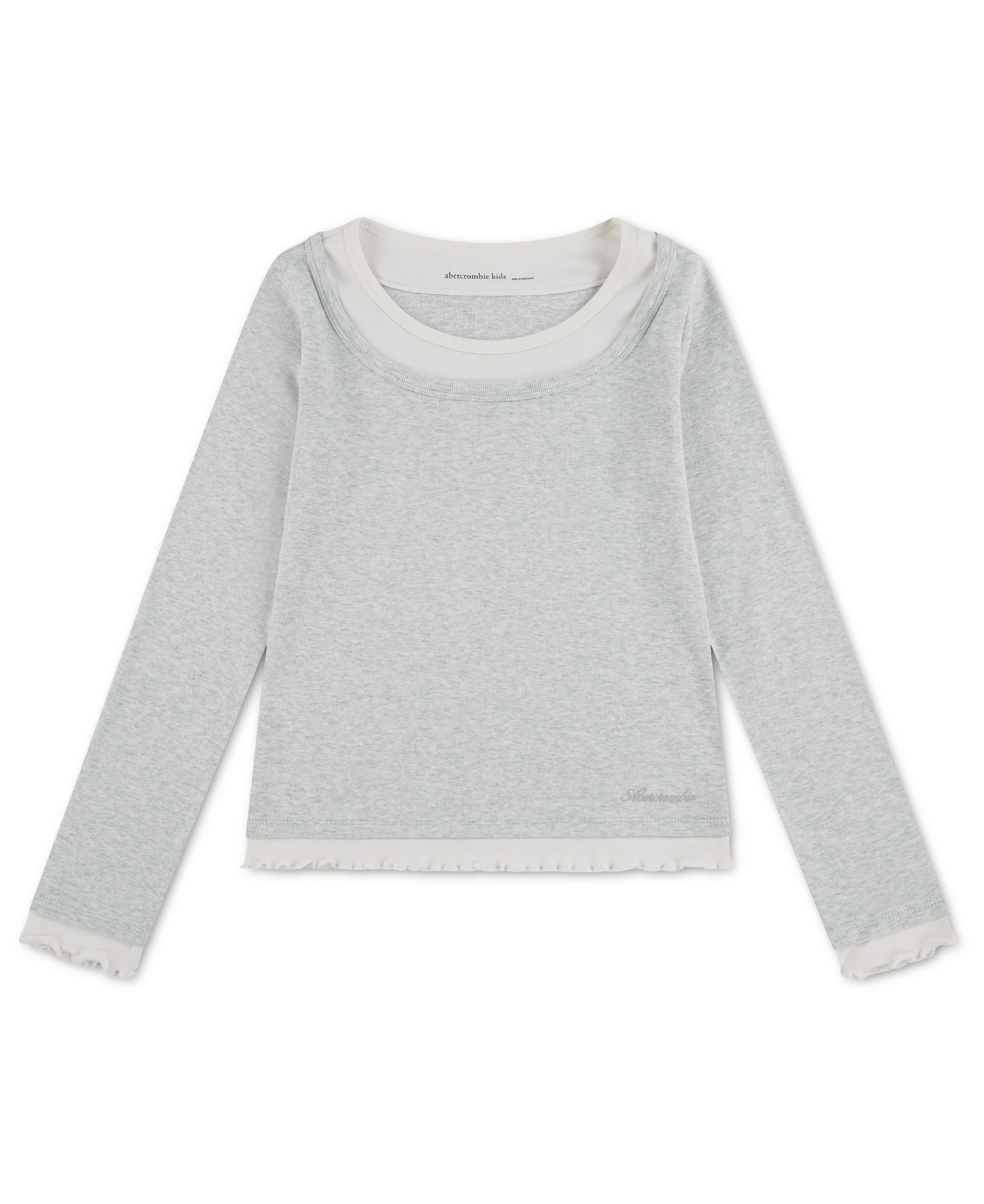 Футболка abercrombie kids Twofer Layered Long-Sleeve Ruffled Scoop Neck T-Shirt для девочек, цвет: Светлый серый меланжевый — фото 1