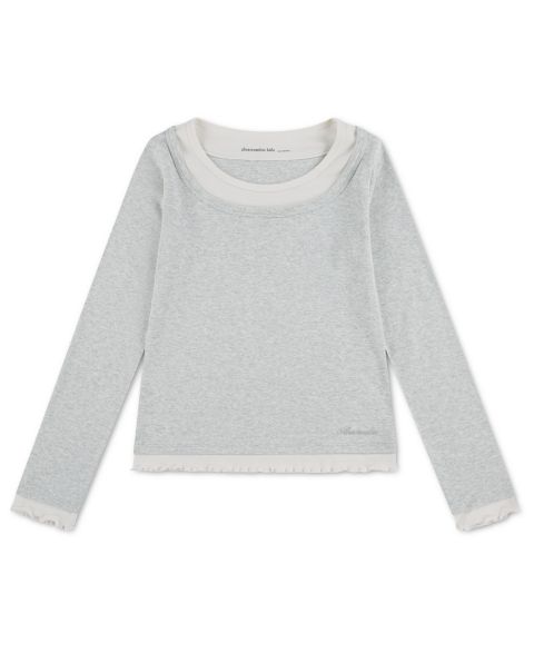 Футболка abercrombie kids Twofer Layered Long-Sleeve Ruffled Scoop Neck T-Shirt для девочек, цвет: Светлый серый меланжевый