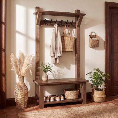 Solid Wood Hall Tree with Bench and Storage, Coat Rack